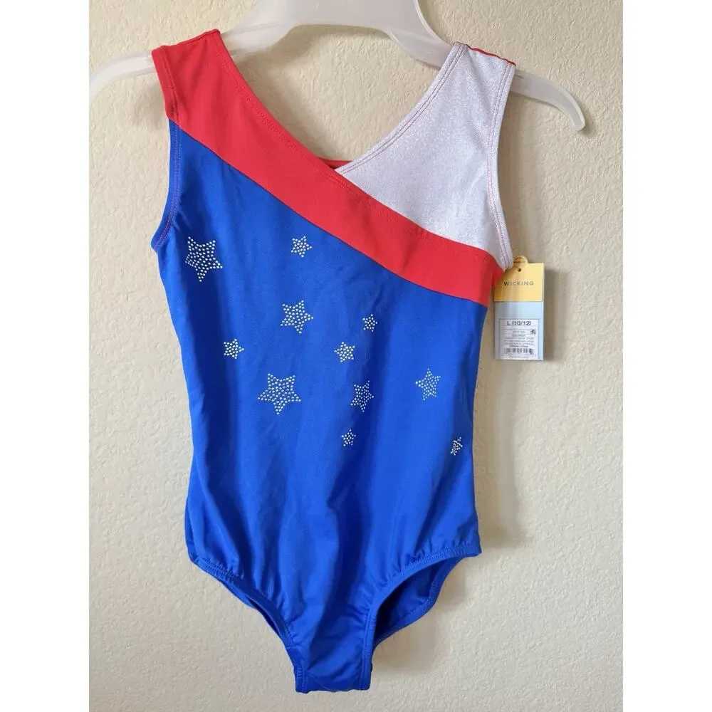 Cat & Jack Red White Blue Star Studded Gymnastics Dance Leotard Size L 10/12
